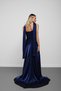 Navy Blue Strapless Draped Chiffon Fabric Evening Dress with Scarf - 7