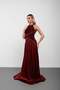 Burgundy Halter Neck Stone Embellished Pleated Chiffon Evening Dress - 3