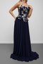Navy Blue Strapless Floral Embroidered Evening Dress with Scarf - 6
