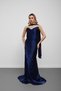 Navy Blue Strapless Draped Chiffon Fabric Evening Dress with Scarf - 2