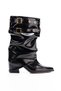 Black Shiny Buckle Studded Drawstring Boots - Pointed Toe Low Heel Women's Bootie - 4