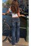 Dark Blue Capped Low Double Button Pockets Slim Flare Jean Pants Blue Washed Y2K