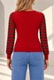 Women's V-Neck Long Sleeve Striped Tulle Sleeve Detailed Red Knitwear Blouse - 5