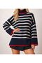 Women's Striped Patterned Full Fisherman Knit Sweater - 2