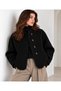 Women's Patterned Textured Fabric Oversize Buttoned Jacket with Stand-Up Collar Detail