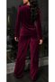 Women's Long Sleeve Double-Breasted Collared Velvet Blouse with Side Gathered Scarf Detail and Pocketed Trousers Two-Piece Set - 4