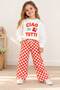 White Top with Cherry Print - Orange and White Checkered Bottom Girls' 3 Thread Tracksuit Set for Ages 2-8