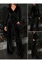 Women's Long Sleeve Double-Breasted Collared Velvet Blouse with Side Gathered Scarf Detail and Pocketed Trousers Two-Piece Set
