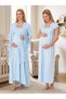 New Season Blue Summer Premium Lace Detailed Design Buttoned Princess Sleeves 100% Cotton Maternity Dressing Gown Nightgown Set - 2