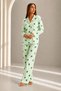 Women's Front Buttoned Long Sleeve Bottom Top Green Pajama Set - 4
