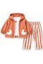 Baby Girl Duck Detailed Hooded Zippered 3-Piece Set Striped Pants and T-Shirt 9-12-18-24 Months