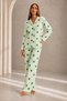Women's Front Buttoned Long Sleeve Bottom Top Green Pajama Set