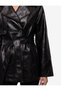 Long Sleeve Buttoned Double-Breasted Collar Belted Faux Leather Trench Coat - 4