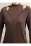 Women's Brown Off-The-Shoulder Double Collar Long Sleeve Viscose Ribbed Blouse - 5