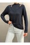 Women's Navy Blue Off-The-Shoulder Double Collar Long Sleeve Viscose Ribbed Blouse - 3