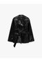Long Sleeve Buttoned Double-Breasted Collar Belted Faux Leather Trench Coat - 5