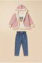 Girl's Plush Lined Hooded Cardigan, Bow Printed Sweatshirt and Belted Jeans 3-Piece Set - 2