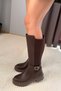 Women's Fero Brown Leather Below the Knee Diving Fabric Buckle Detailed Thick Sole Boots - 6