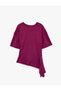 Crew Neck Short Sleeve Asymmetrical Knit Sweater with Waistband - 2
