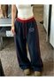 Navy Blue Red Striped High Grunge Printed Oversized Sweatpants
