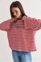 Women's Red-Navy Blue Striped Long Oversized Sweatshirt with Printed Text and Crew Neck 1126 60286772 - 5
