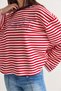 Women's Red-Navy Blue Striped Long Oversized Sweatshirt with Printed Text and Crew Neck 1126 60286772 - 6