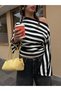 Black-Ecru Striped Modal Boat Neck Wide Sleeve Design Blouse - 4