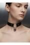 Black Pu Leather Cross Figured Choker Necklace – Gothic Style Women's Necklace with Silver Color Ring Detail Gtk66