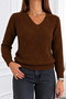 Women's V-Neck Long Sleeve Knitted Patterned Rib Detailed Brown Knitwear Sweater - 2