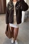 Dark Brown - Shoulder Leopard Detail Zippered Jacket Dark Brown - 4