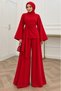 Women's Red High-Necked Waist-Tied Double Hijab Set Nms109 - 7