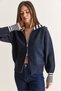 Women's Navy Blue Striped Shawl Collar Double-Way Zipper Oversize Knitwear Cardigan Th261088 60286728