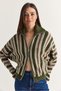 Women's Khaki Striped High-Neck Double-Way Zipper Oversize Knitwear Cardigan Th261048 60286719