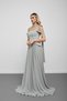 Gray off shoulder peplum cut pleated evening dress with scarf - 2
