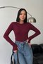 Women's Crew Neck Burgundy Basic Flexible Body Blouse with Finger Loop Detail and Cotton Finger Detail