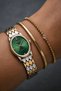 Milano Women's Wristwatch Gold Silver Dual Color Patterned Metal Band Green Dial Stone Detailed Oval Case Analog Watch 26 mm Case Diameter