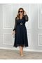 Women's Chiffon Fabric Flared Cut Double-Breasted Collar Midi Length Dress - 2