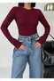 Women's Crew Neck Burgundy Basic Flexible Body Blouse with Finger Loop Detail and Cotton Finger Detail - 7