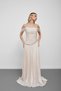 Beige strapless boat neck stone embellished asymmetrical evening dress - 3