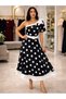 Women's One-Shoulder Open-Shoulder Dress with Ribbon Detail on the Other Shoulder, Belted Polka Dot Woven Midi Dress - 3