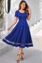 Women's Short Sleeve Round Neck Tulle Detailed Midi Janjan Crepe Dress - 3