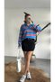 Women's Blue Striped Zippered Polo Collar Knitwear Sweater with Contrast Detail - 4