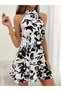 Women's Off the Shoulders High Neck Belted Patterned Short Single Jersey Dress - 2