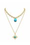 Turquoise Color Stone Drop and Pole Star Double Layer Gold Necklace - 3