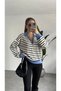 Women's Blue Collared Striped Zippered Polo Collar Knitwear Sweater with Contrast Detail