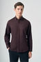 Burgundy Buttoned Collar Gabardine Slim Fit Cotton Shirt 1004265129
