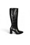 Women's Black Shiny 7cm Thick Heel 38cm Leg Length 29cm Calf Width Buckle Heeled Boots - 3