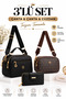 Women's Black Hand and Shoulder Bag with Three Compartments and Black and Patterned Brown + Wallet Card Holder