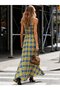 Women's Off-The-Shoulder Turtleneck Elastic Waist Plaid Pattern Long Single Jersey Dress - 3