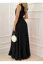 Women's Strappy Double-Breasted Collared Long Crepe Dress with Flounces on the Front - 3